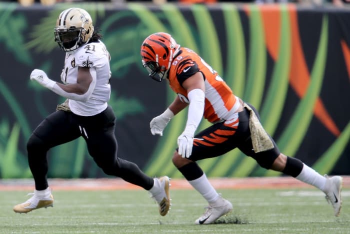 New Orleans Saints running back Alvin Kamara (41) carries the ball against the Cincinnati Bengals on Nov. 11, 2018. © Kareem Elgazzar USA TODAY